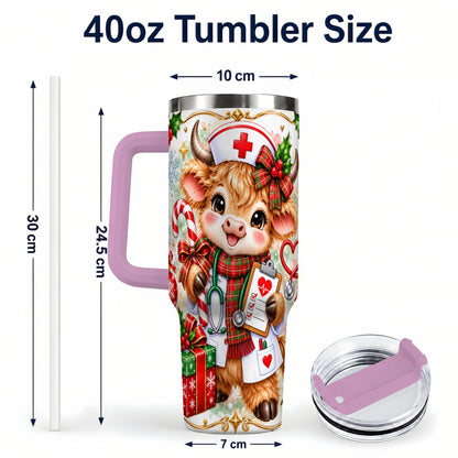 #pl[40oz|Pink] Christmas Nurse Cow 40oz Tumbler with Handle, Holiday Healthcare Design