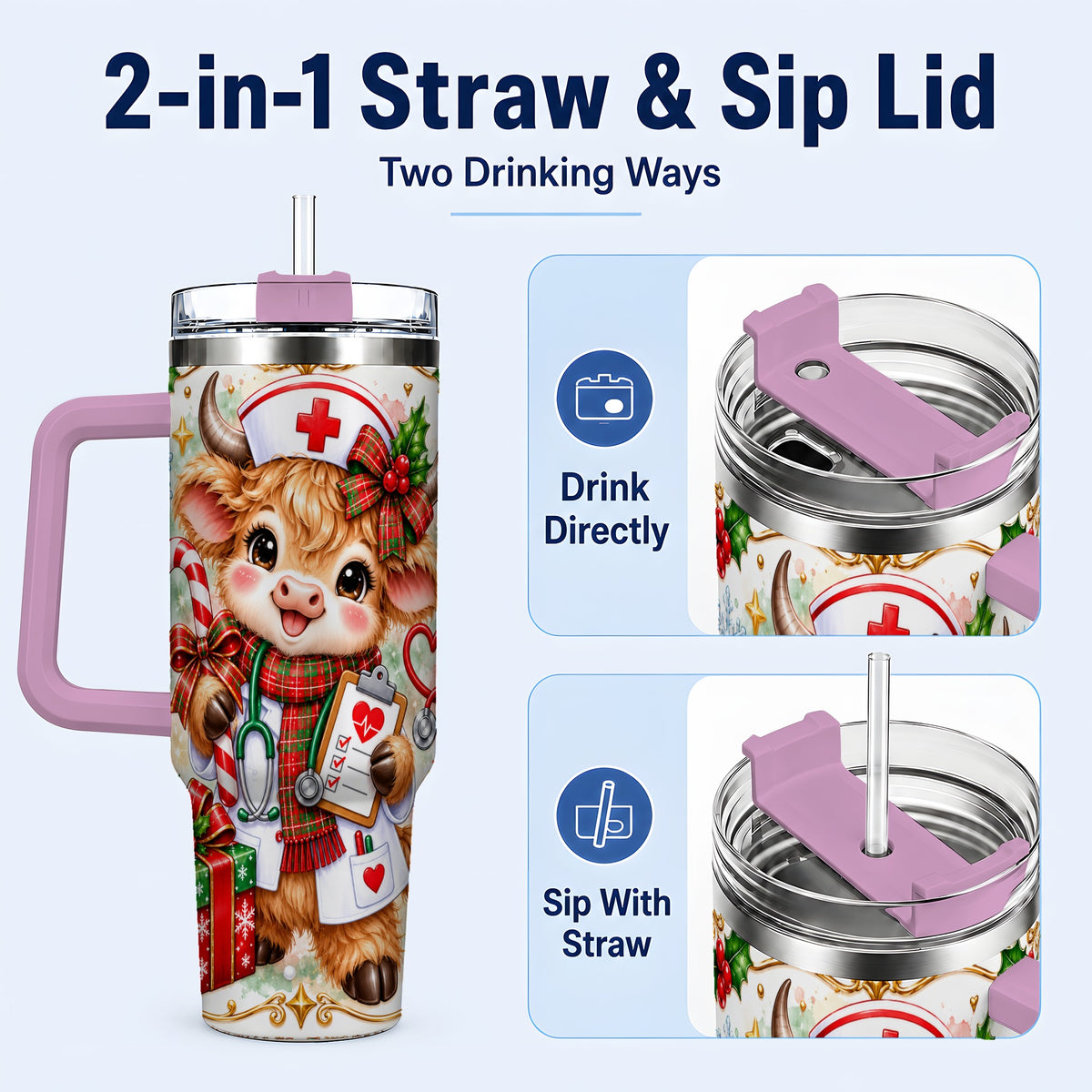 #pl[40oz|Pink] Christmas Nurse Cow 40oz Tumbler with Handle, Holiday Healthcare Design