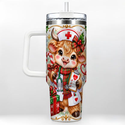 Christmas Nurse Cow 40oz Tumbler with Handle, Holiday Healthcare Design
