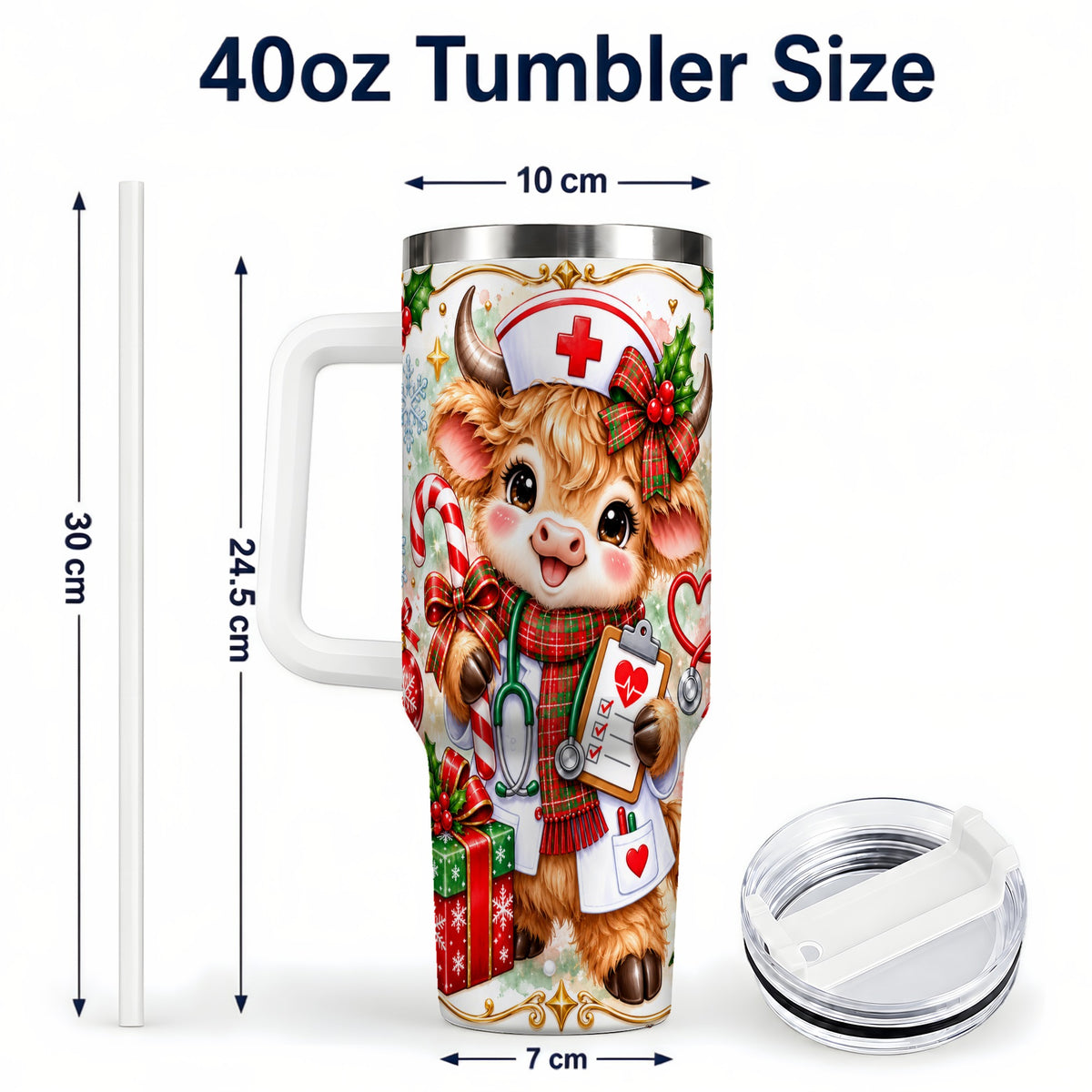 #pl[40oz|White] Christmas Nurse Cow 40oz Tumbler with Handle, Holiday Healthcare Design