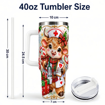 #pl[40oz|White] Christmas Nurse Cow 40oz Tumbler with Handle, Holiday Healthcare Design