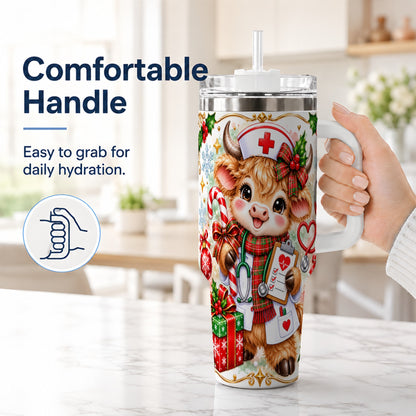 #pl[40oz|White] Christmas Nurse Cow 40oz Tumbler with Handle, Holiday Healthcare Design