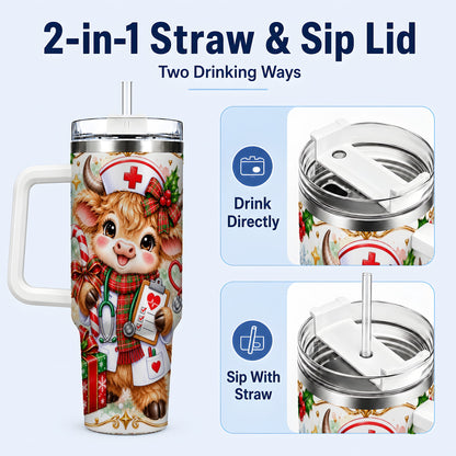 #pl[40oz|White] Christmas Nurse Cow 40oz Tumbler with Handle, Holiday Healthcare Design