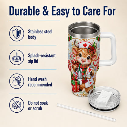 Christmas Nurse Cow 40oz Tumbler with Handle, Holiday Healthcare Design