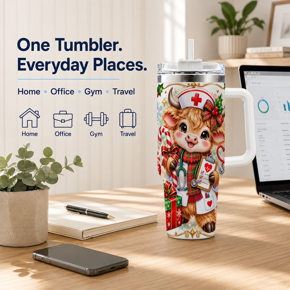 Christmas Nurse Cow 40oz Tumbler with Handle, Holiday Healthcare Design