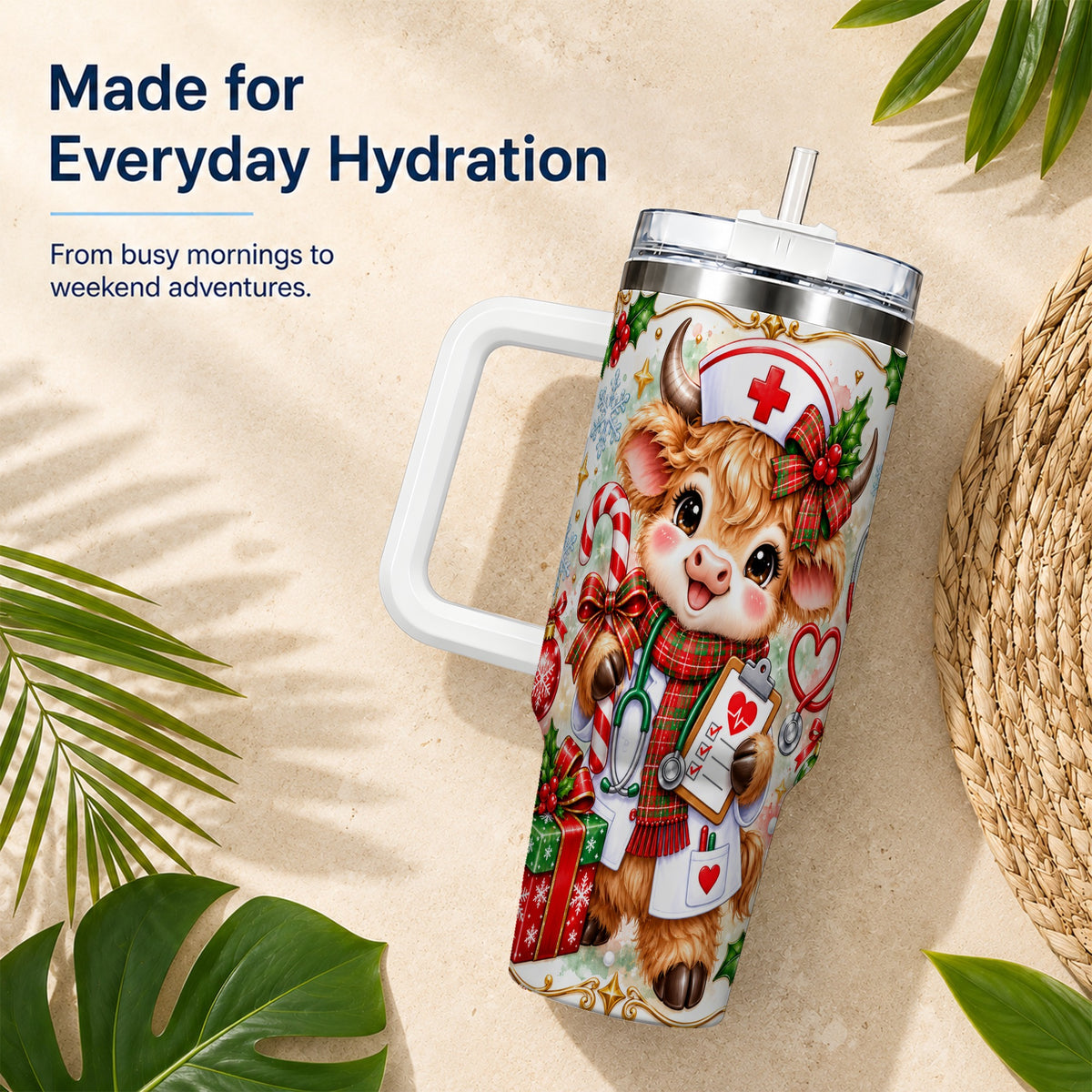 Christmas Nurse Cow 40oz Tumbler with Handle, Holiday Healthcare Design