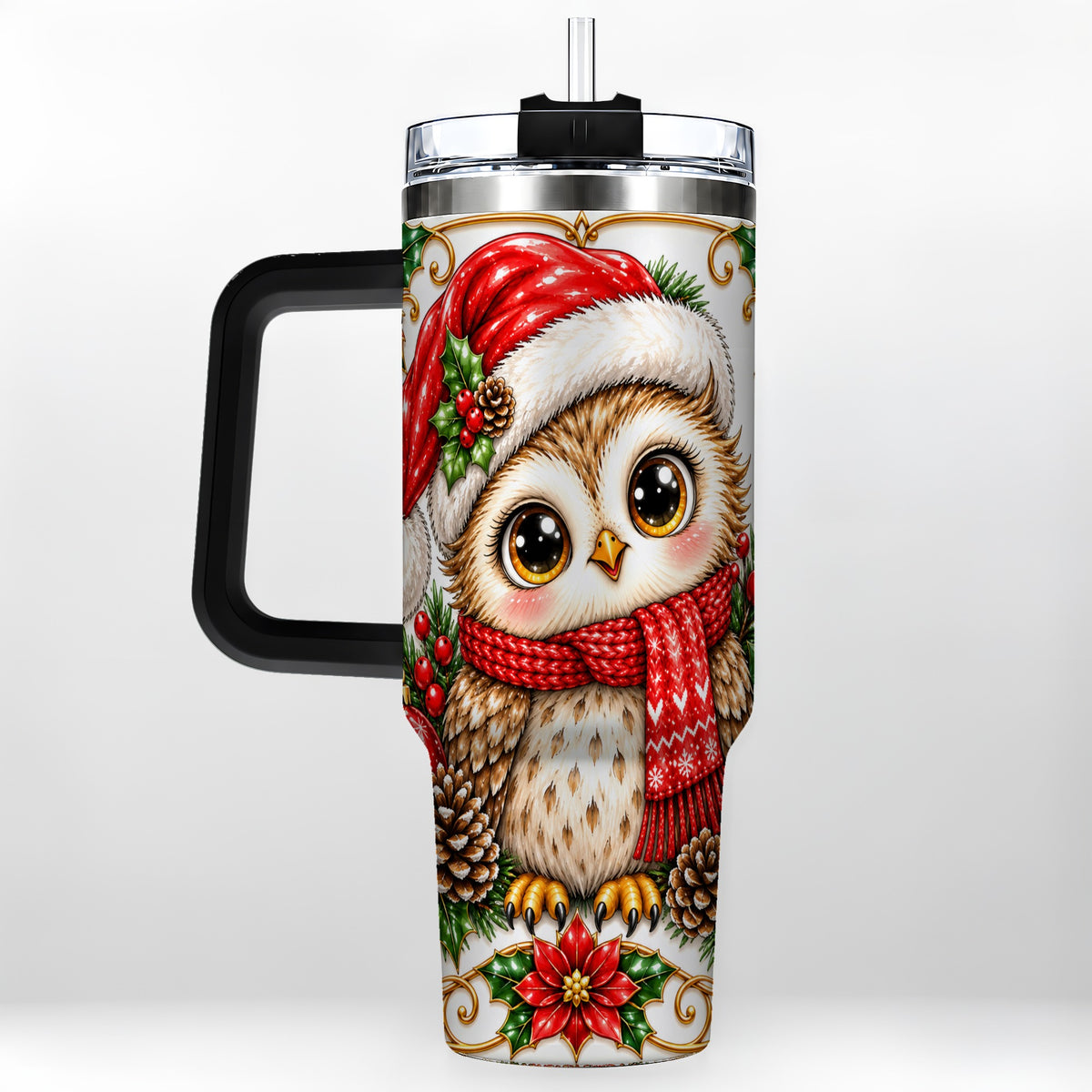#pl[40oz|Black] Christmas Owl 40oz Tumbler with Handle, Festive Woodland Bird Design