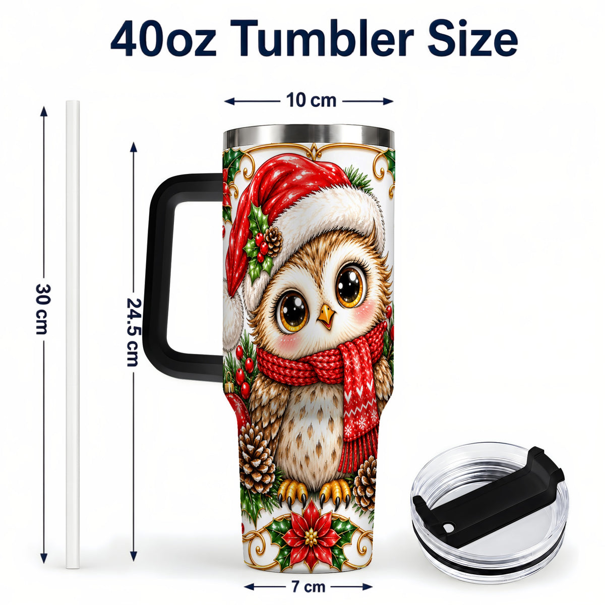 #pl[40oz|Black] Christmas Owl 40oz Tumbler with Handle, Festive Woodland Bird Design