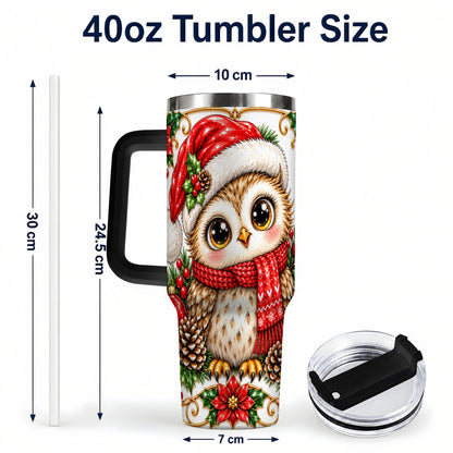 #pl[40oz|Black] Christmas Owl 40oz Tumbler with Handle, Festive Woodland Bird Design