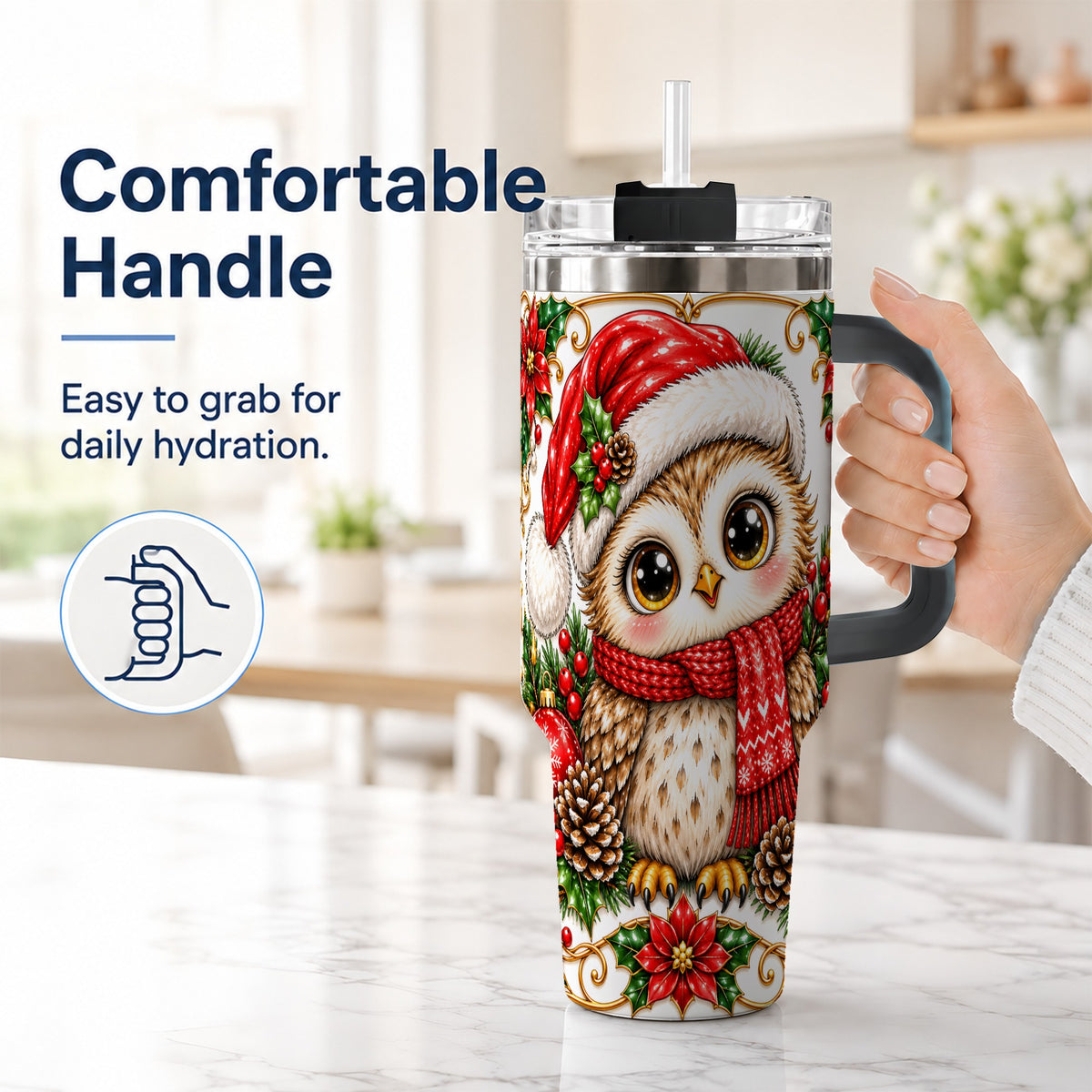 #pl[40oz|Black] Christmas Owl 40oz Tumbler with Handle, Festive Woodland Bird Design