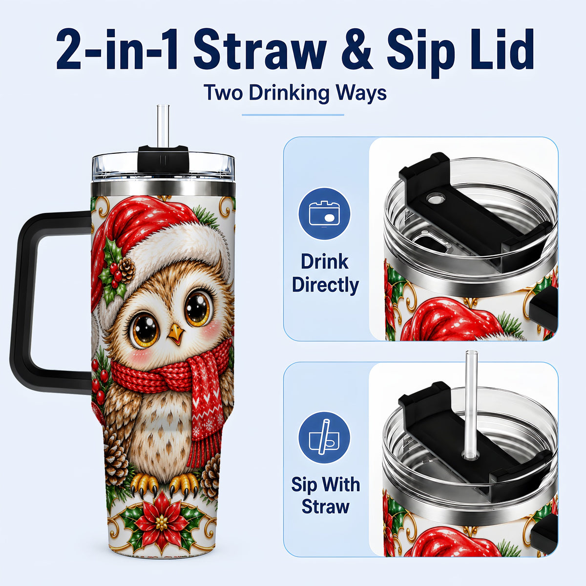 #pl[40oz|Black] Christmas Owl 40oz Tumbler with Handle, Festive Woodland Bird Design