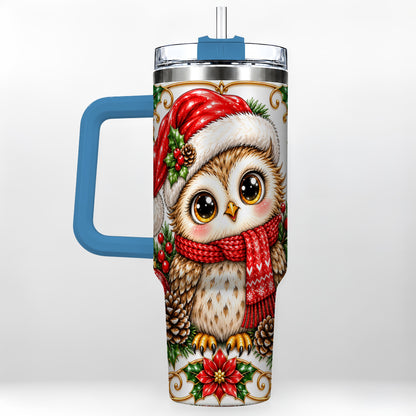 #pl[40oz|Blue] Christmas Owl 40oz Tumbler with Handle, Festive Woodland Bird Design