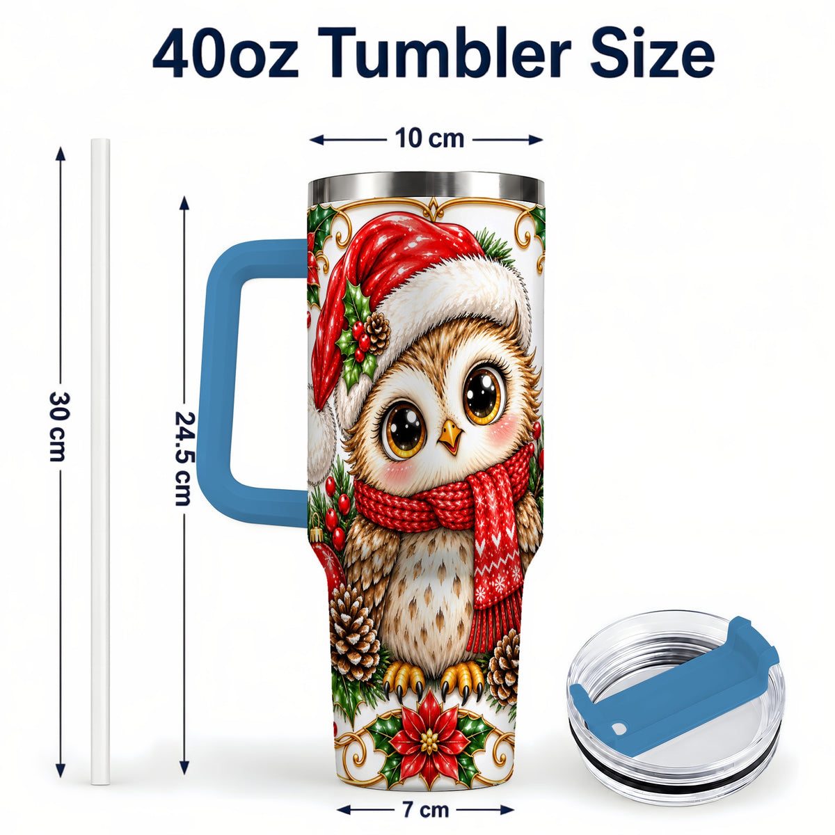 #pl[40oz|Blue] Christmas Owl 40oz Tumbler with Handle, Festive Woodland Bird Design