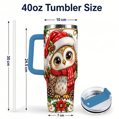 #pl[40oz|Blue] Christmas Owl 40oz Tumbler with Handle, Festive Woodland Bird Design