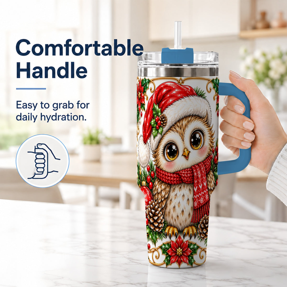 #pl[40oz|Blue] Christmas Owl 40oz Tumbler with Handle, Festive Woodland Bird Design