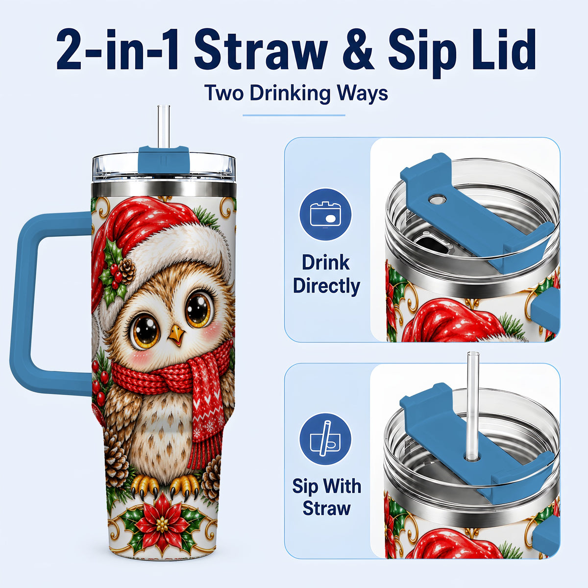#pl[40oz|Blue] Christmas Owl 40oz Tumbler with Handle, Festive Woodland Bird Design