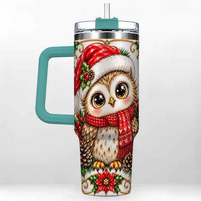 #pl[40oz|Green] Christmas Owl 40oz Tumbler with Handle, Festive Woodland Bird Design