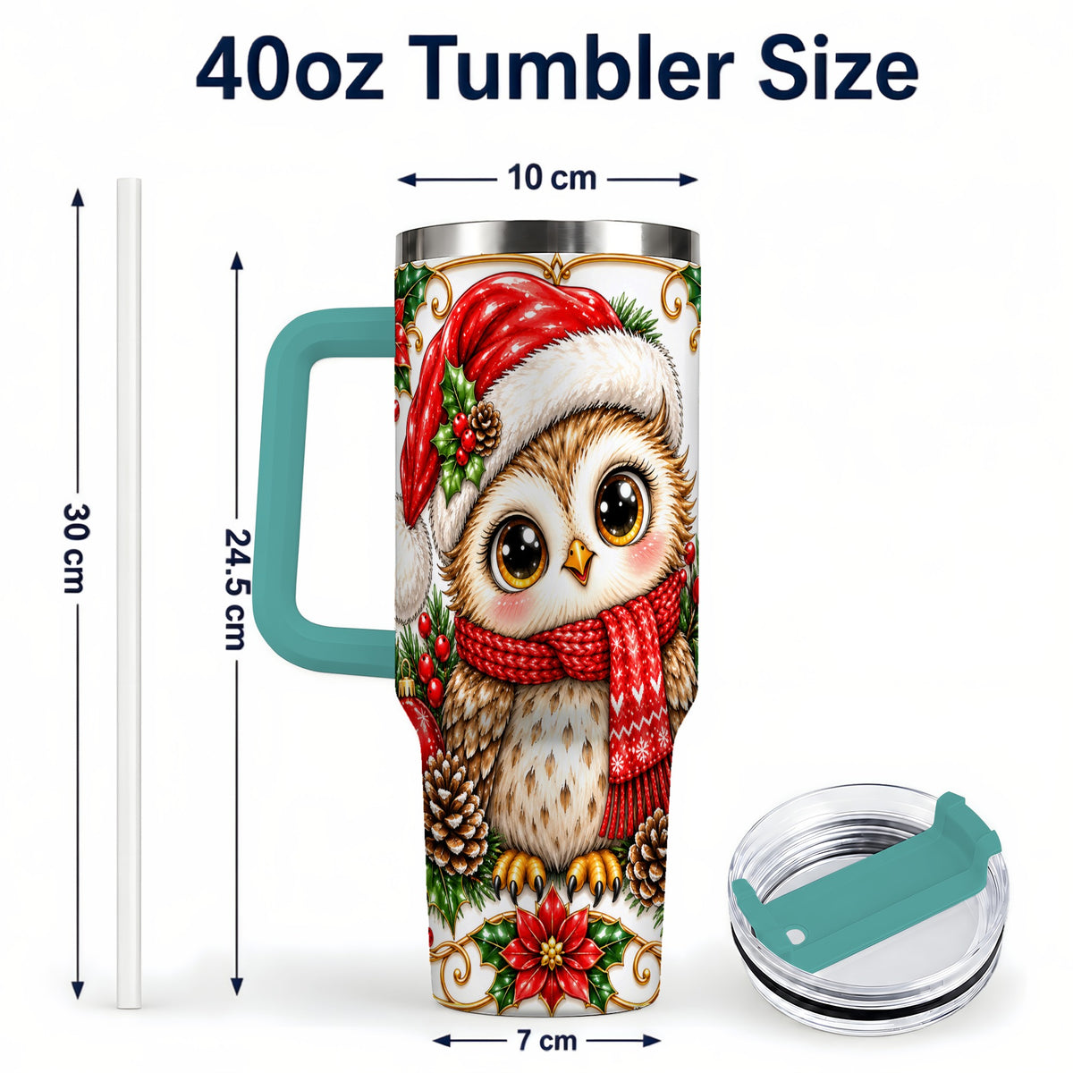 #pl[40oz|Green] Christmas Owl 40oz Tumbler with Handle, Festive Woodland Bird Design