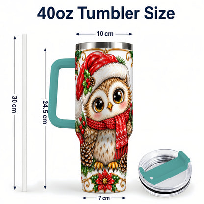 #pl[40oz|Green] Christmas Owl 40oz Tumbler with Handle, Festive Woodland Bird Design