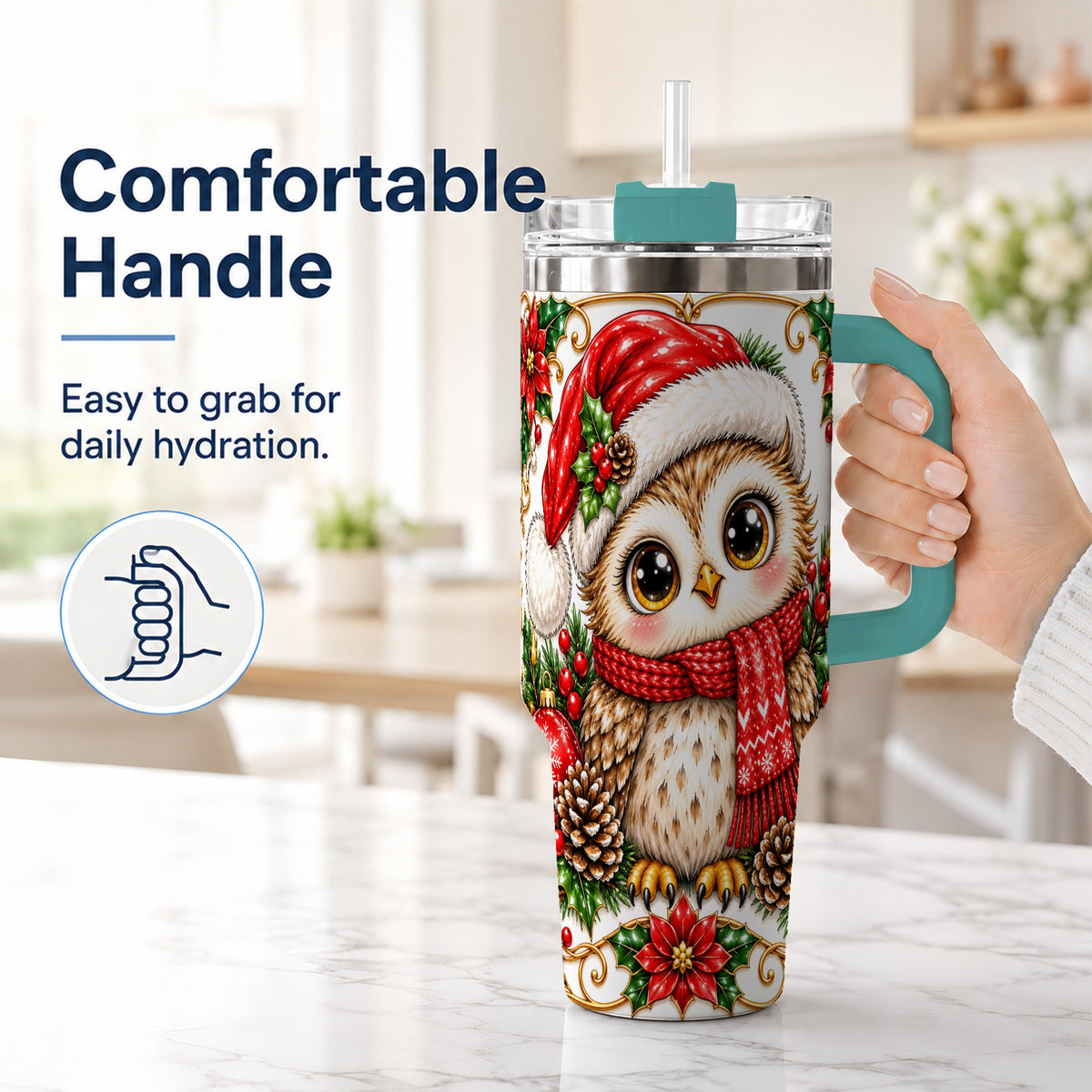 #pl[40oz|Green] Christmas Owl 40oz Tumbler with Handle, Festive Woodland Bird Design