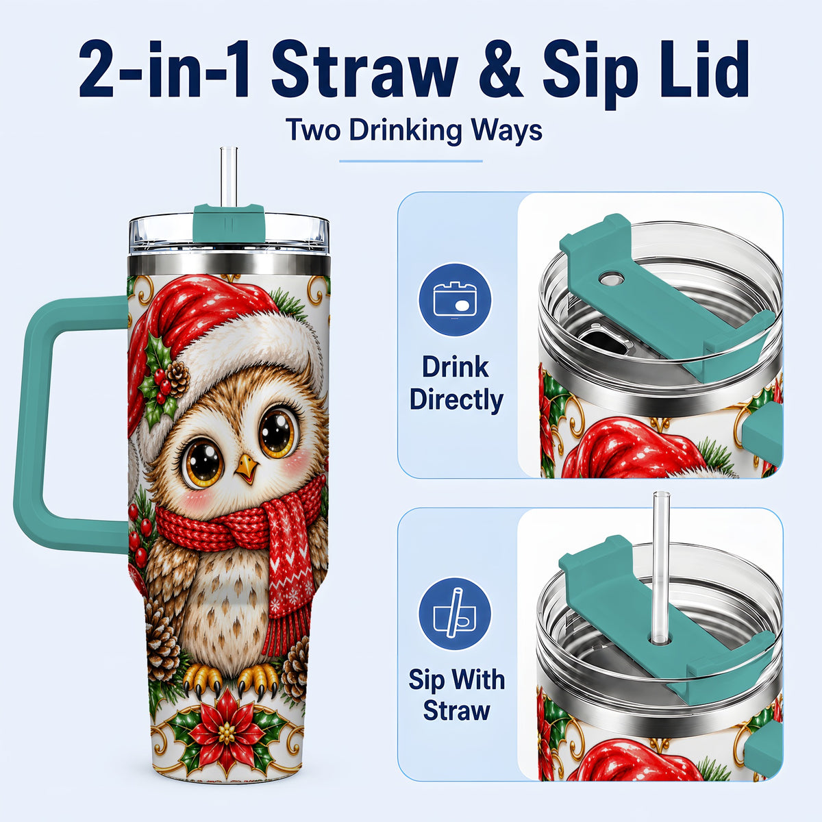 #pl[40oz|Green] Christmas Owl 40oz Tumbler with Handle, Festive Woodland Bird Design