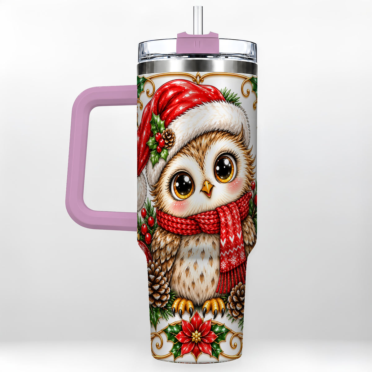 #pl[40oz|Pink] Christmas Owl 40oz Tumbler with Handle, Festive Woodland Bird Design