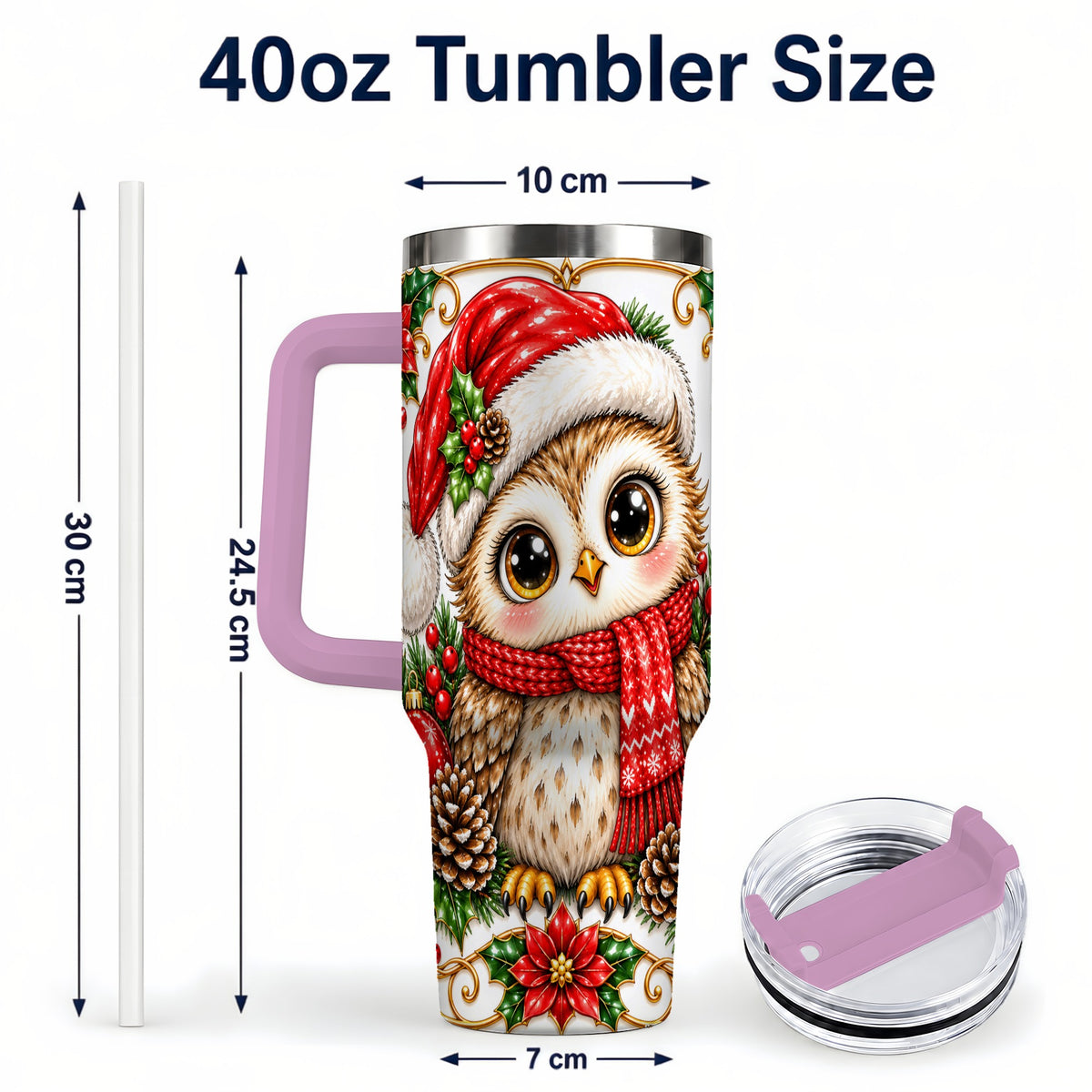 #pl[40oz|Pink] Christmas Owl 40oz Tumbler with Handle, Festive Woodland Bird Design