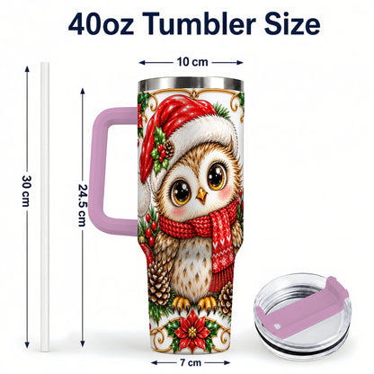 #pl[40oz|Pink] Christmas Owl 40oz Tumbler with Handle, Festive Woodland Bird Design
