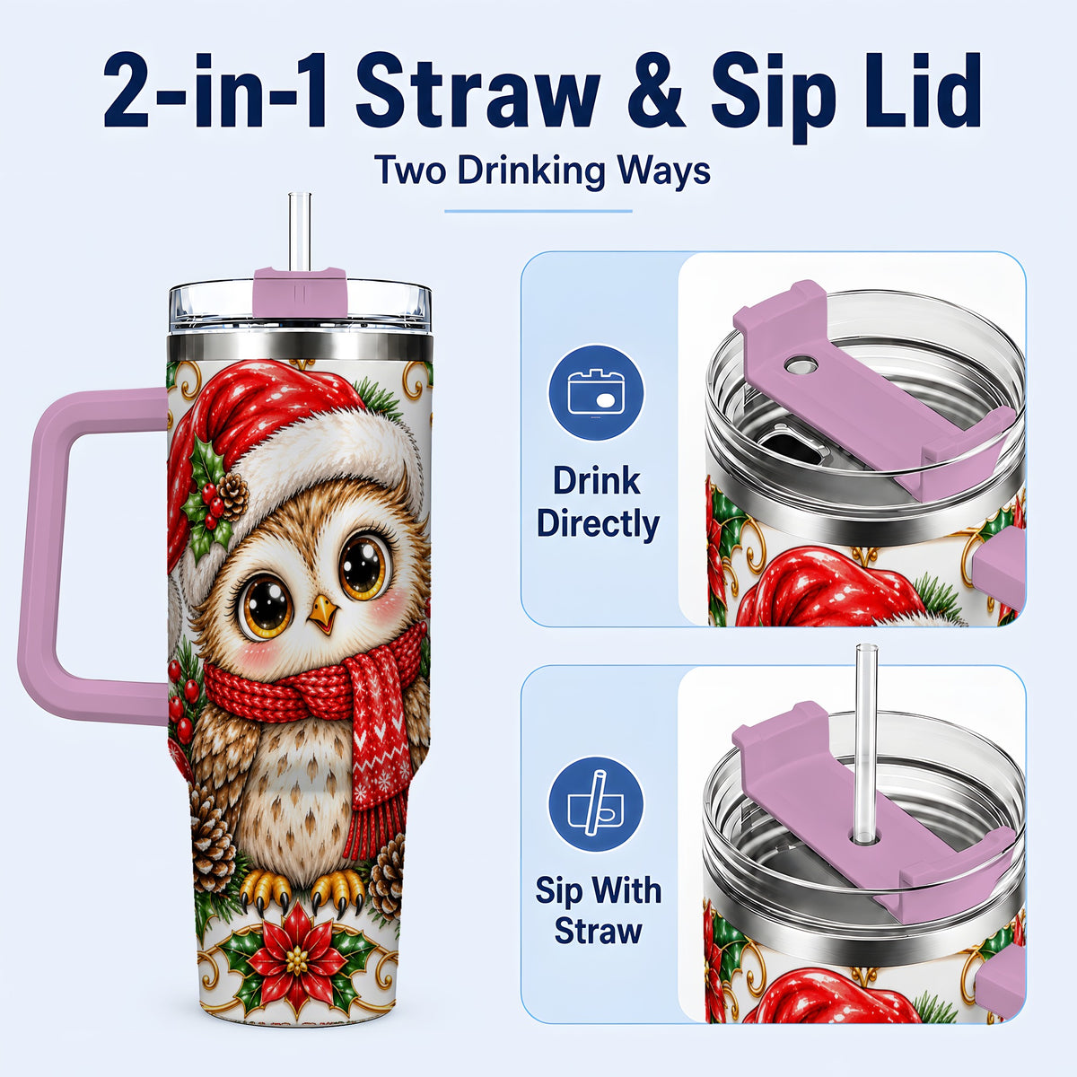 #pl[40oz|Pink] Christmas Owl 40oz Tumbler with Handle, Festive Woodland Bird Design