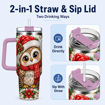 #pl[40oz|Pink] Christmas Owl 40oz Tumbler with Handle, Festive Woodland Bird Design