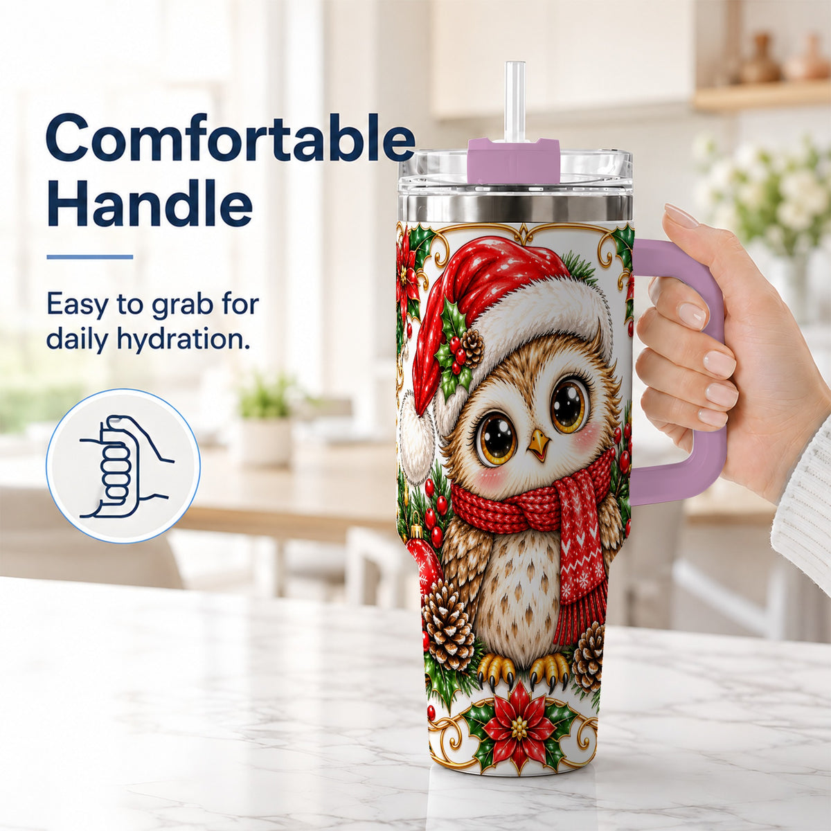 #pl[40oz|Pink] Christmas Owl 40oz Tumbler with Handle, Festive Woodland Bird Design