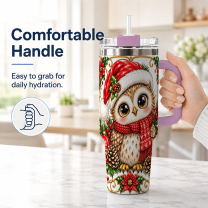 #pl[40oz|Pink] Christmas Owl 40oz Tumbler with Handle, Festive Woodland Bird Design