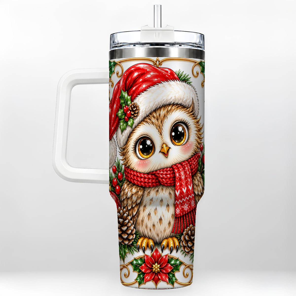 Christmas Owl 40oz Tumbler with Handle, Festive Woodland Bird Design