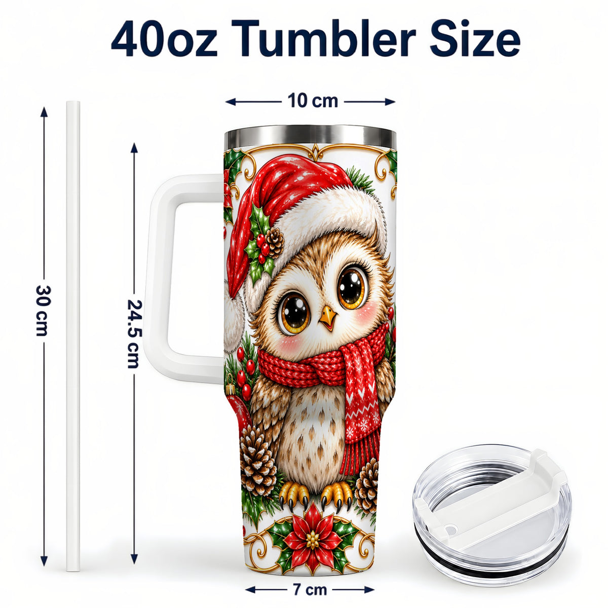 #pl[40oz|White] Christmas Owl 40oz Tumbler with Handle, Festive Woodland Bird Design
