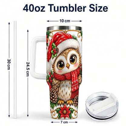 #pl[40oz|White] Christmas Owl 40oz Tumbler with Handle, Festive Woodland Bird Design