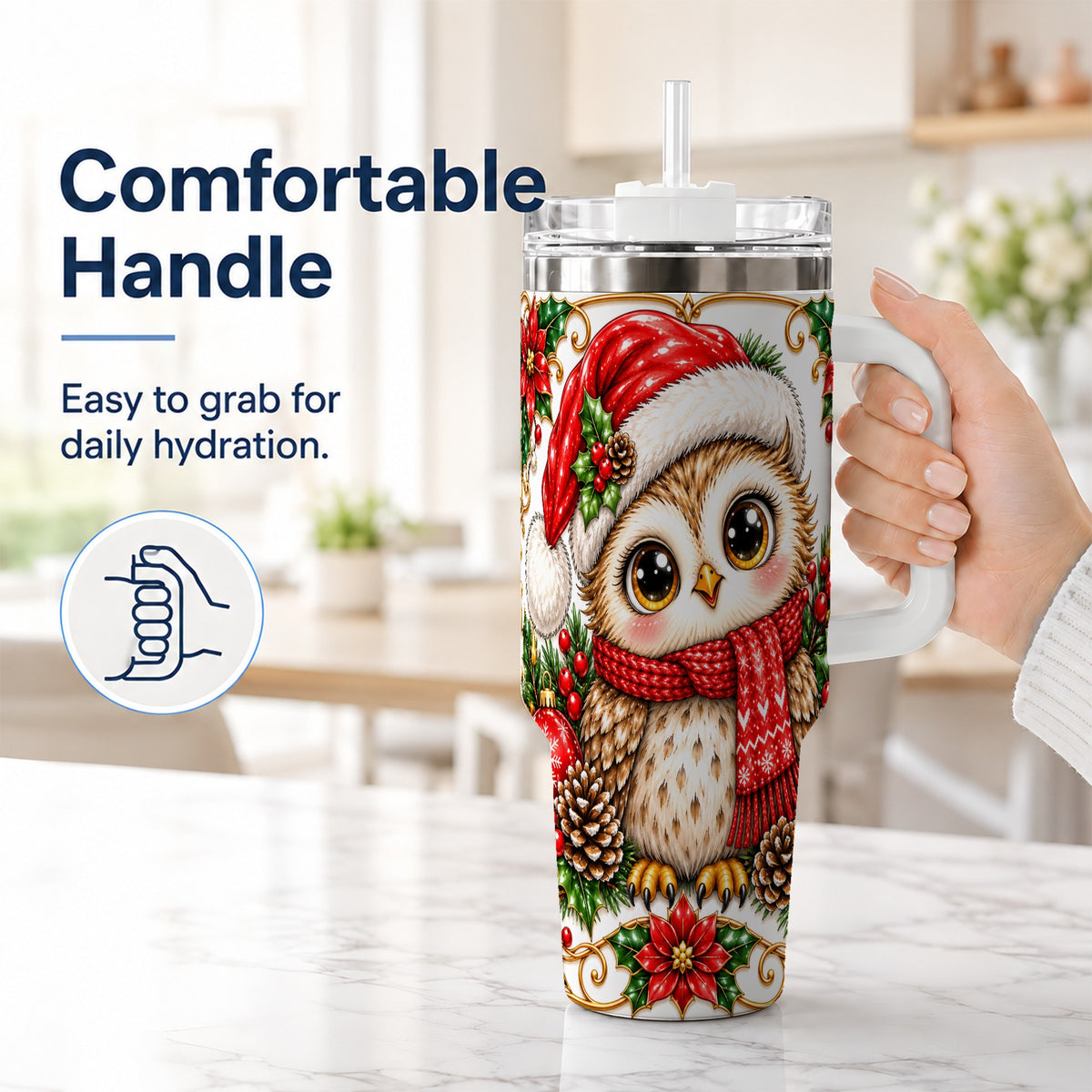 #pl[40oz|White] Christmas Owl 40oz Tumbler with Handle, Festive Woodland Bird Design