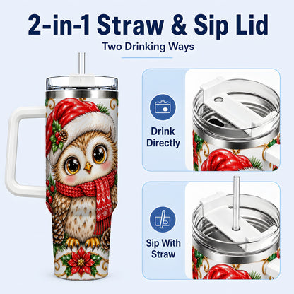#pl[40oz|White] Christmas Owl 40oz Tumbler with Handle, Festive Woodland Bird Design