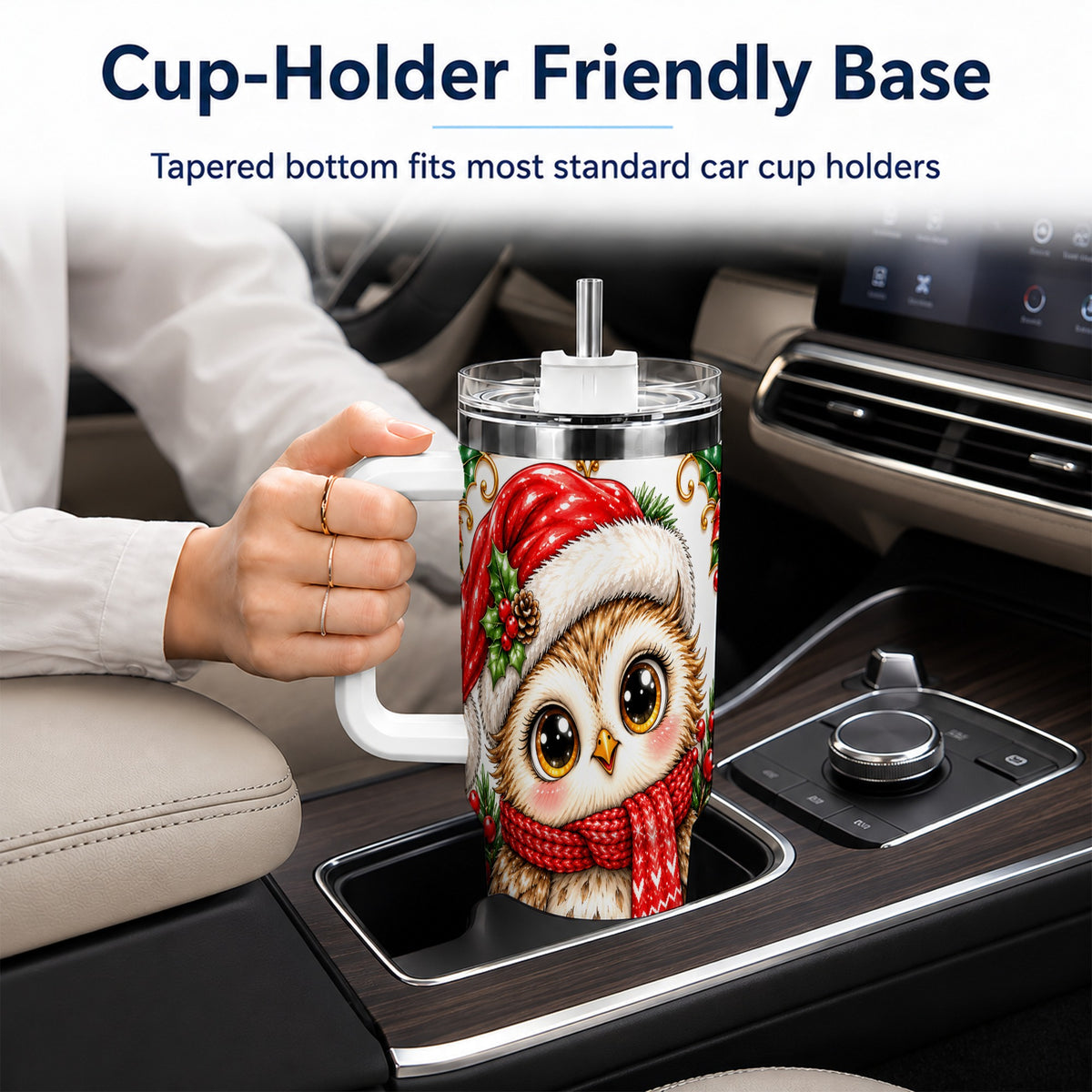 Christmas Owl 40oz Tumbler with Handle, Festive Woodland Bird Design