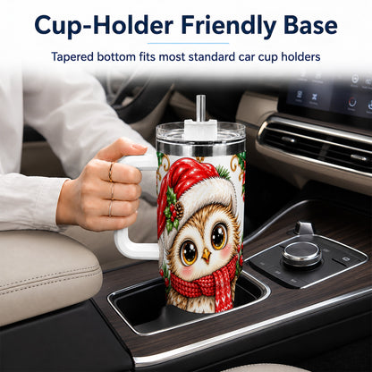 Christmas Owl 40oz Tumbler with Handle, Festive Woodland Bird Design