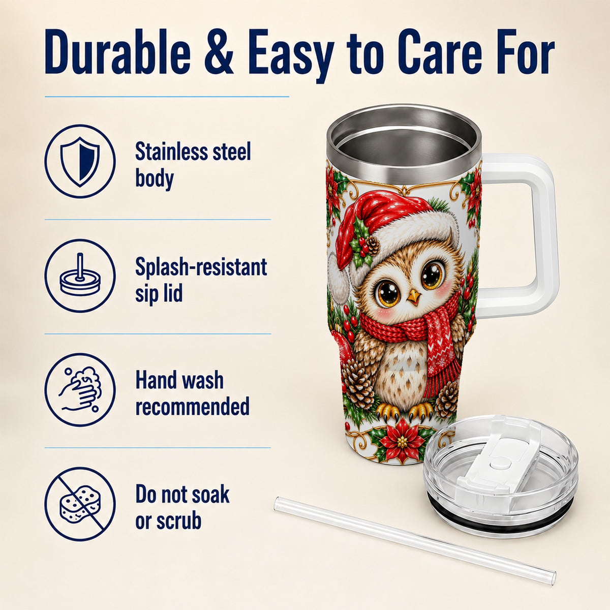 Christmas Owl 40oz Tumbler with Handle, Festive Woodland Bird Design