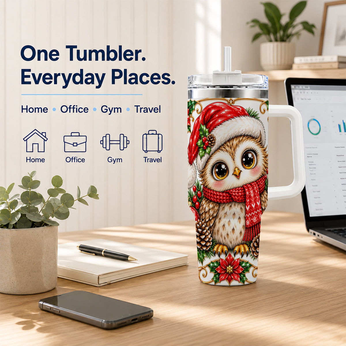 Christmas Owl 40oz Tumbler with Handle, Festive Woodland Bird Design