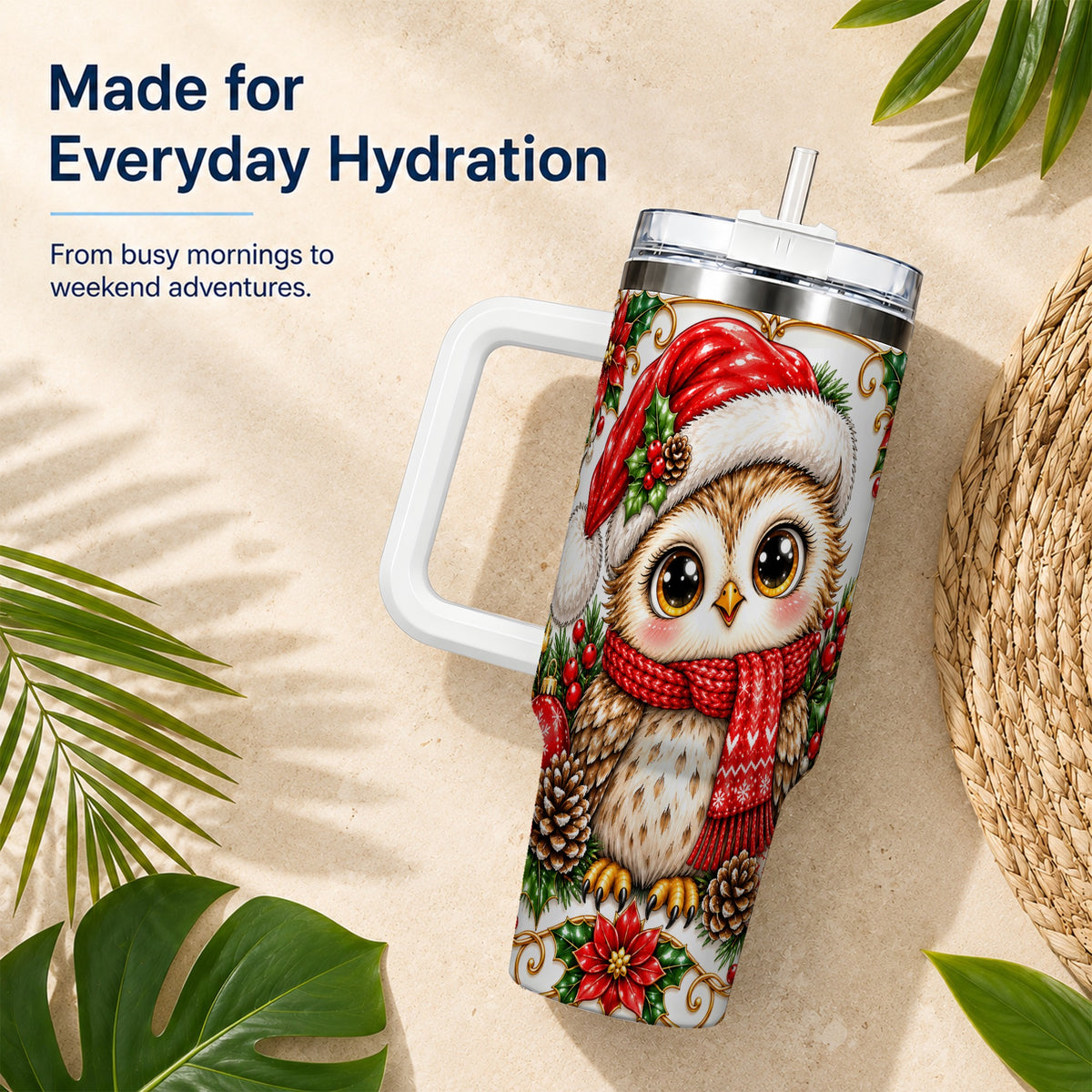 Christmas Owl 40oz Tumbler with Handle, Festive Woodland Bird Design