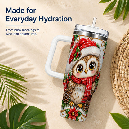 Christmas Owl 40oz Tumbler with Handle, Festive Woodland Bird Design