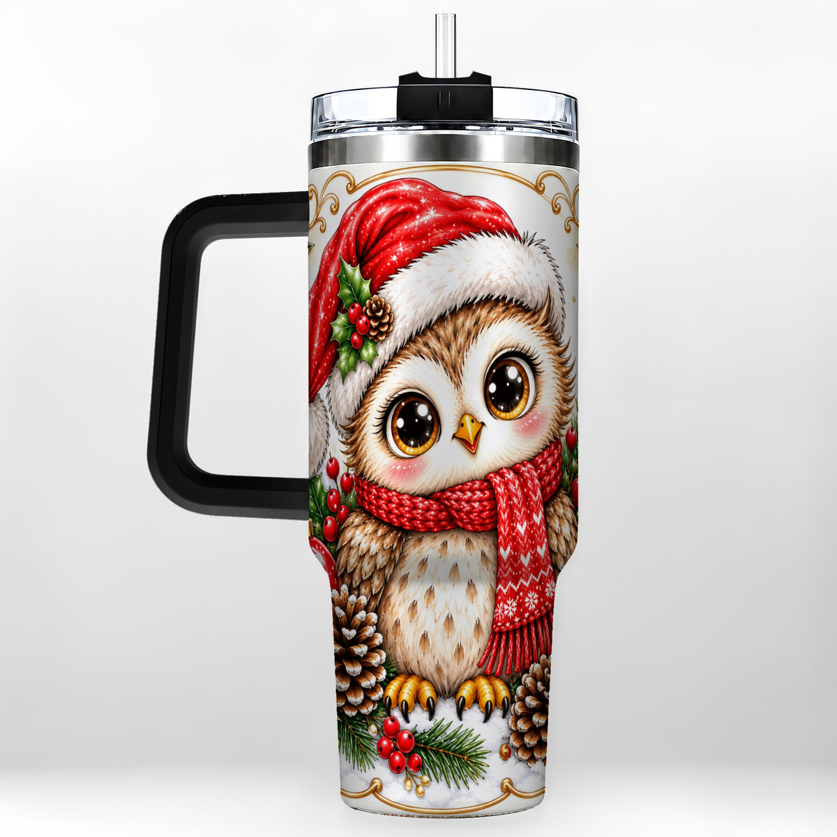 #pl[40oz|Black] Cute Christmas Owl 40oz Tumbler with Handle, Snowy Woodland Bird Art