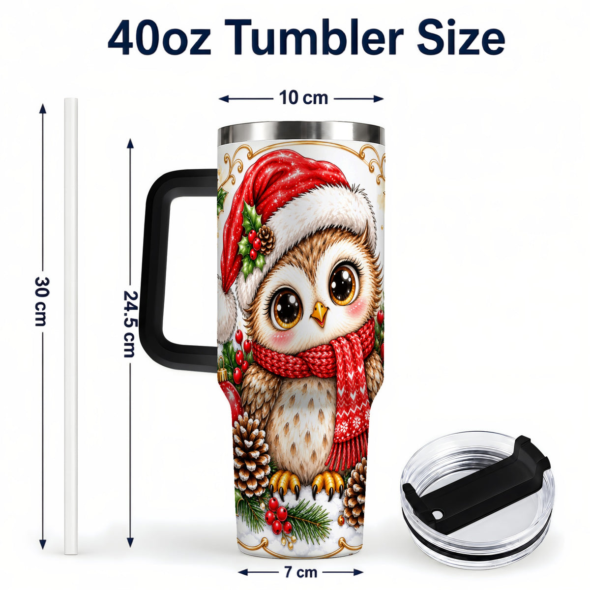 #pl[40oz|Black] Cute Christmas Owl 40oz Tumbler with Handle, Snowy Woodland Bird Art