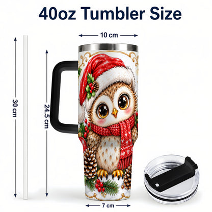 #pl[40oz|Black] Cute Christmas Owl 40oz Tumbler with Handle, Snowy Woodland Bird Art