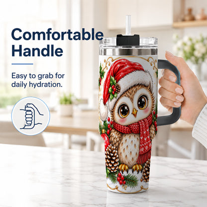#pl[40oz|Black] Cute Christmas Owl 40oz Tumbler with Handle, Snowy Woodland Bird Art