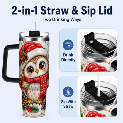 #pl[40oz|Black] Cute Christmas Owl 40oz Tumbler with Handle, Snowy Woodland Bird Art