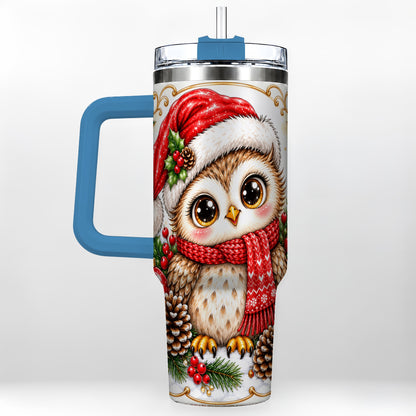 #pl[40oz|Blue] Cute Christmas Owl 40oz Tumbler with Handle, Snowy Woodland Bird Art
