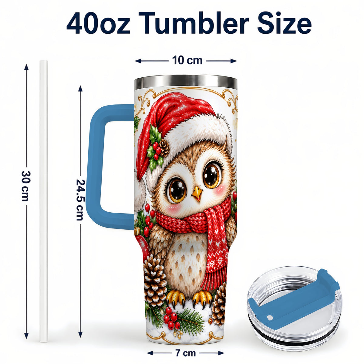 #pl[40oz|Blue] Cute Christmas Owl 40oz Tumbler with Handle, Snowy Woodland Bird Art